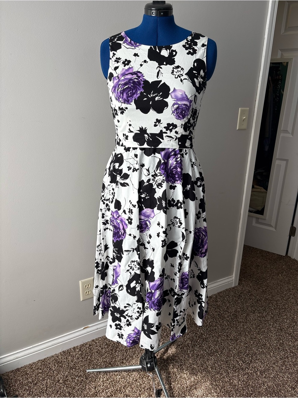 Sleeveless White Midi Dress with Black & Purple Floral Print